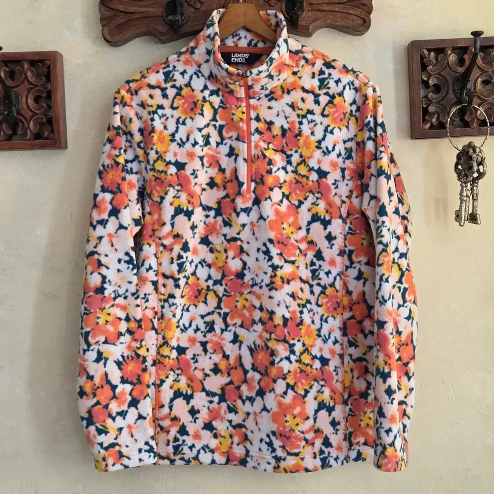 Lands End Womens Pullover 1/4 Zip Fleece Orange Floral Long Sleeve Cozy NWOT✨️L